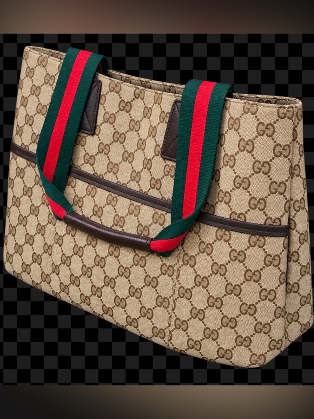 Gucci Beige GG Canvas Tote with Green and Red Web Straps